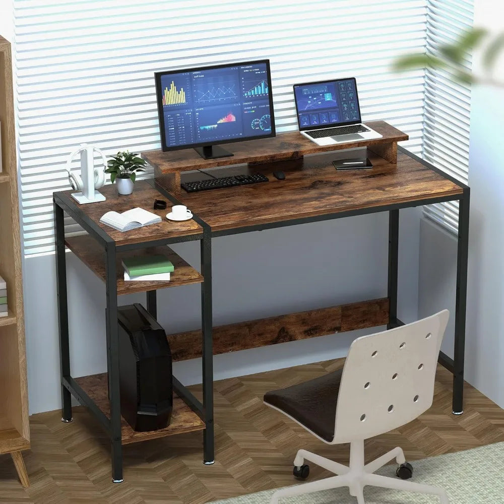 Gaming/Computer Desk - 47” Home Office Small Desk with Monitor Stand Rustic Writing Desk for 2 Monitors Adjustable