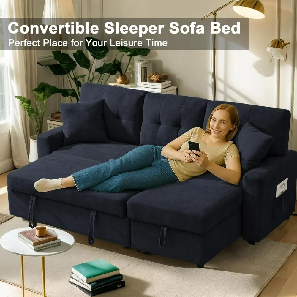 Modern L-Shaped Sofa Bed with Reversible Storage Chaise Black Convertible Sectional Sofa featuring USB Ports and 3-in-1