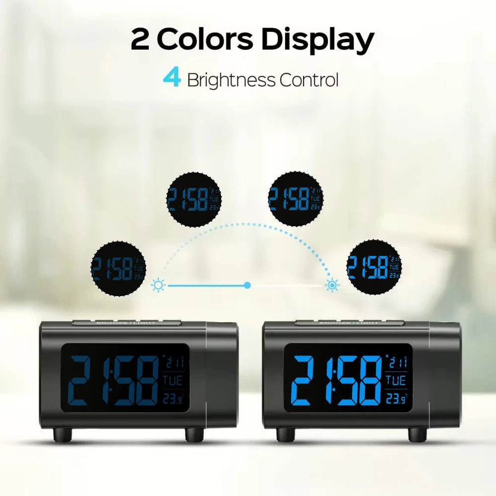 Digital Projection Alarm Clock for Bedroom Radio Alarm Clock Temperature Monitor 4-Level Dimmer 12/24H Table Mute Alarm