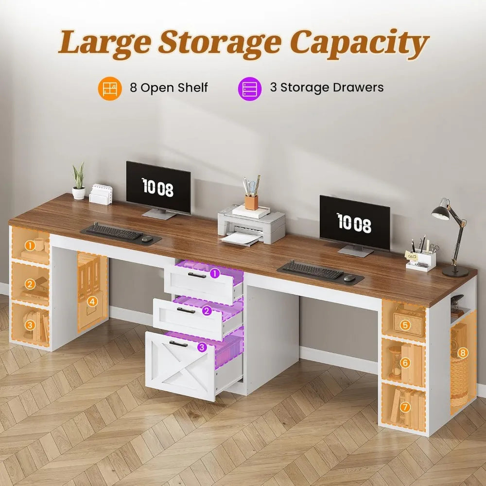 Farmhouse 96.5’’ Computer Desk with Drawers 2 Person Home Office Desk Gaming Double Desk with Storage Shelves Long Two