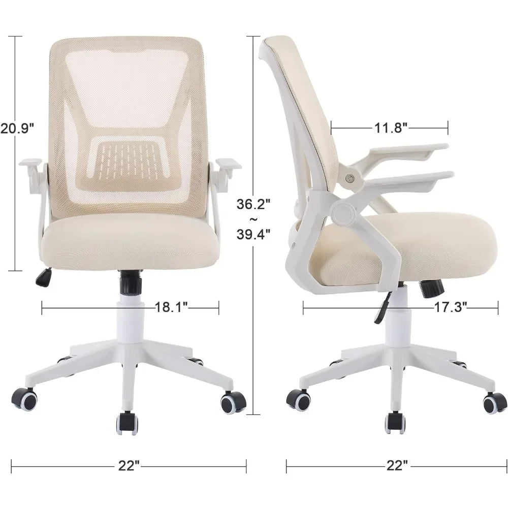Beige Desk Chair Mid-back Swivel Ergonomic Office Chair With Adjustable Arms Mesh Lumbar Support for Computer Task Work