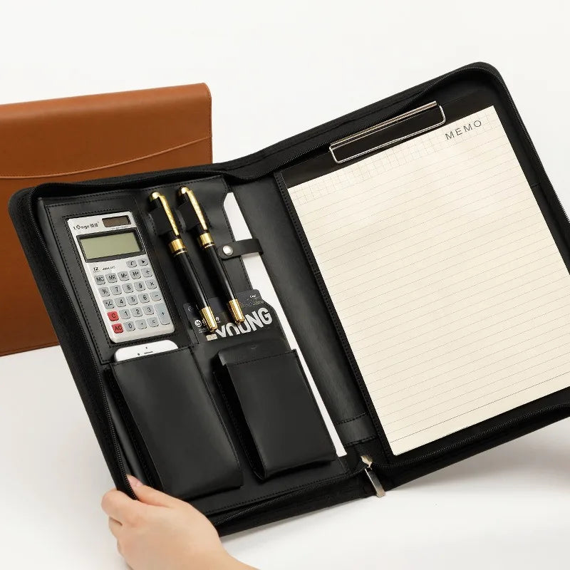 University A4 Leather Executive Portfolio Folder for Document Holder Organizer Business Briefcase Man Zipper Calculator