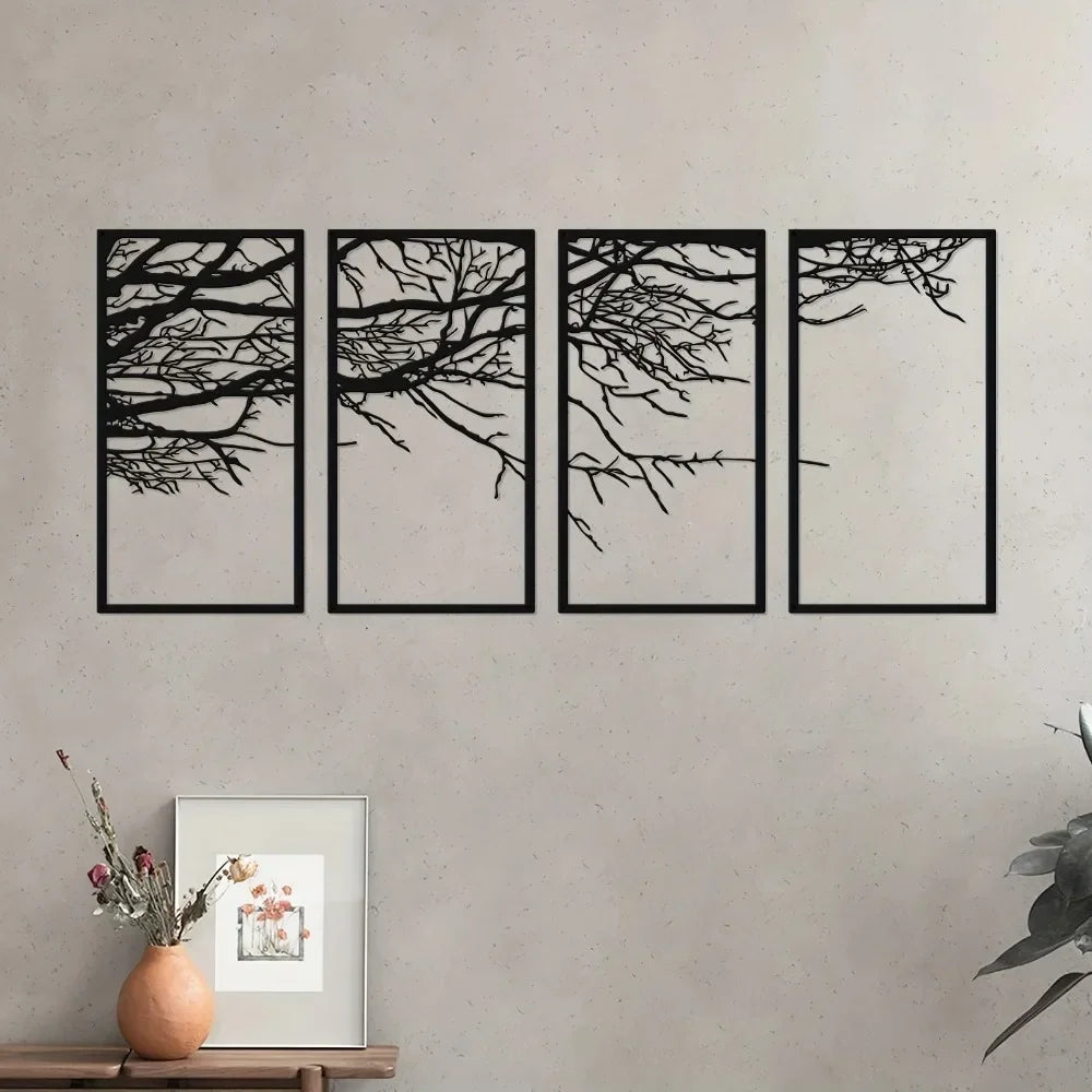 4-Piece Black Metal Tree of Life Wall Art Stunning Decor for Bedroom Living Room Office Kindergarten and Nursery Spaces