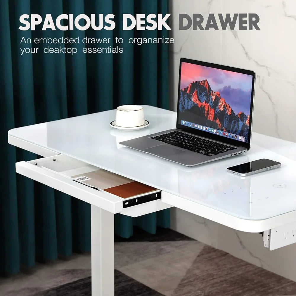 Electric Standing Desk with Drawer Adjustable Height Sit Stand Desk with Tempered Glass Top Touchscreen Controller