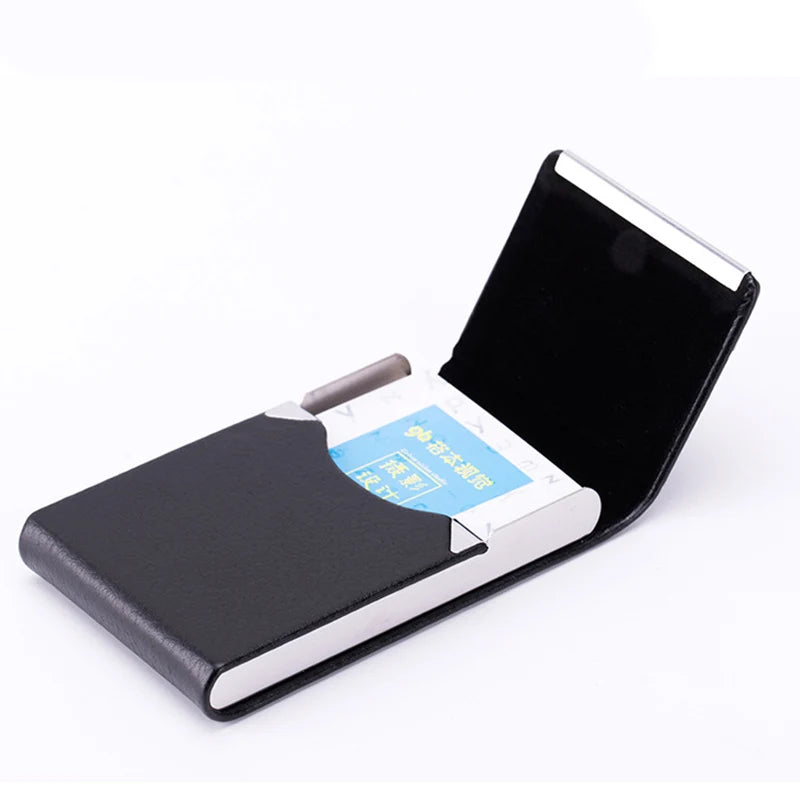 1 PC Business Card Holder Case Man Slim PU Leather Metal Pocket Card Holder with Magnetic Shut Black Name Card Holder