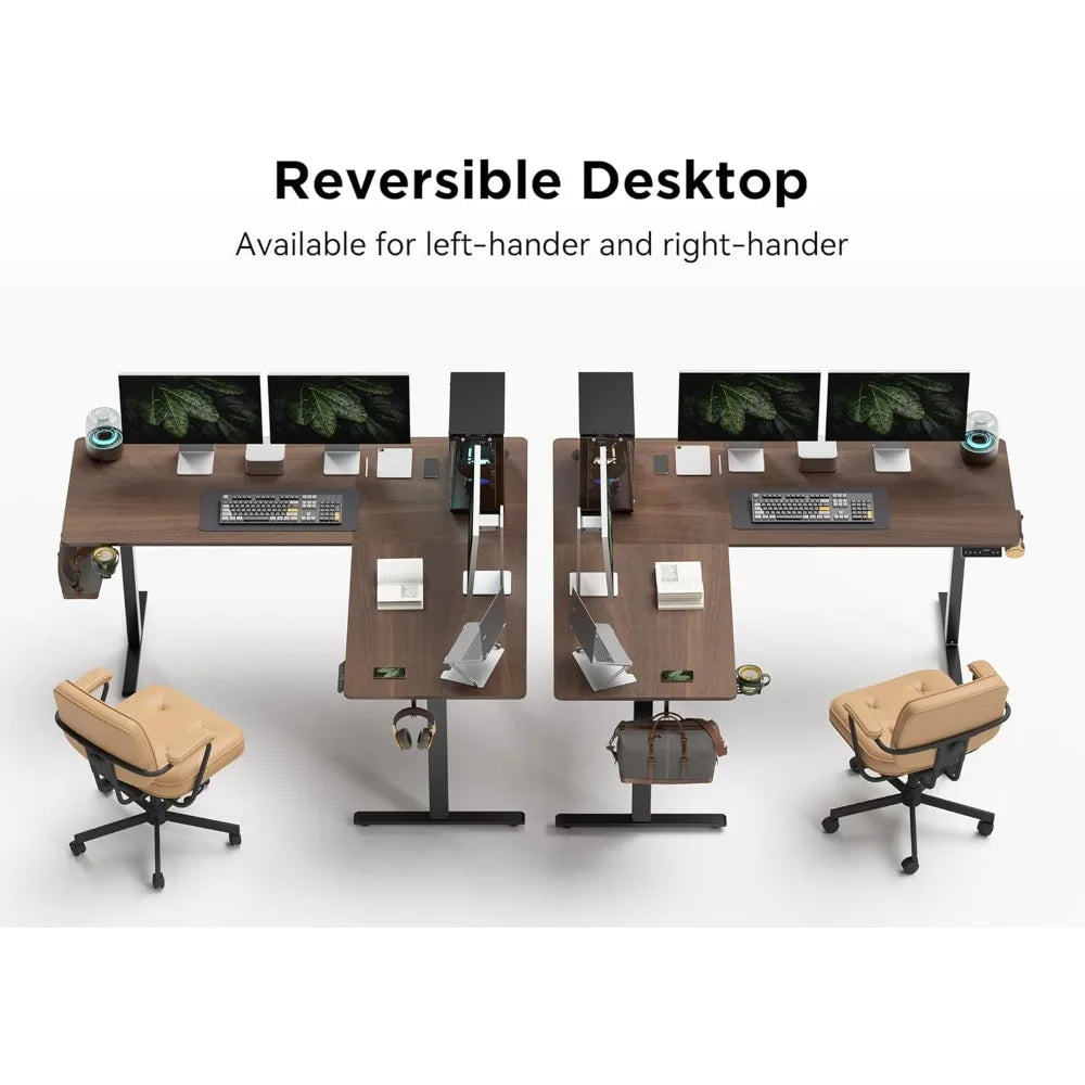 63X55 Inches Reversible L Shaped Standing Desk Height Adjustable with Cup Holder Electric Corner Computer Desk Sit
