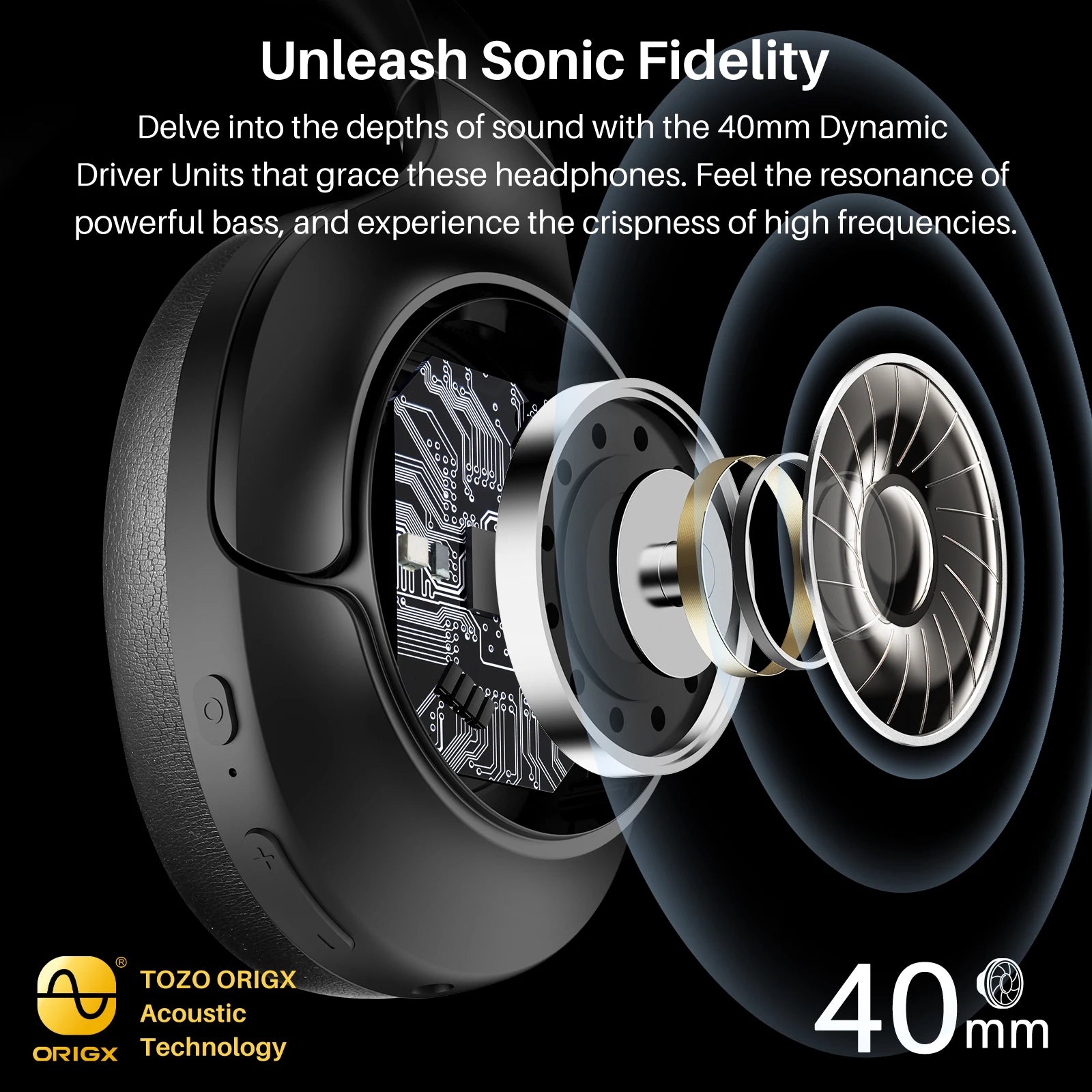 Refurbished TOZO Hi-Res Over Ear Headphones with Mic Hybrid Active Noise Cancelling 38dB Wireless&Wired Headsets 40mm