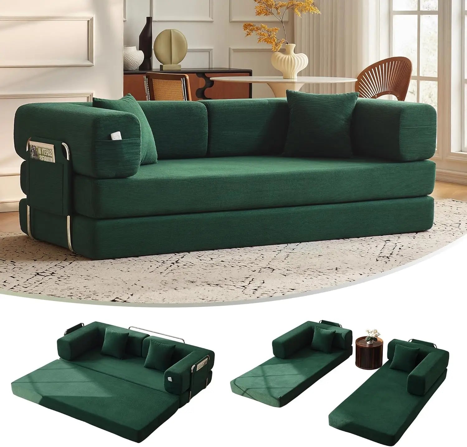 79’’ Convertible Sofa Bed with Pillows Corduroy Folding Sleeper Sofa with Fixed-Shape Frame Boneless Couch for Living