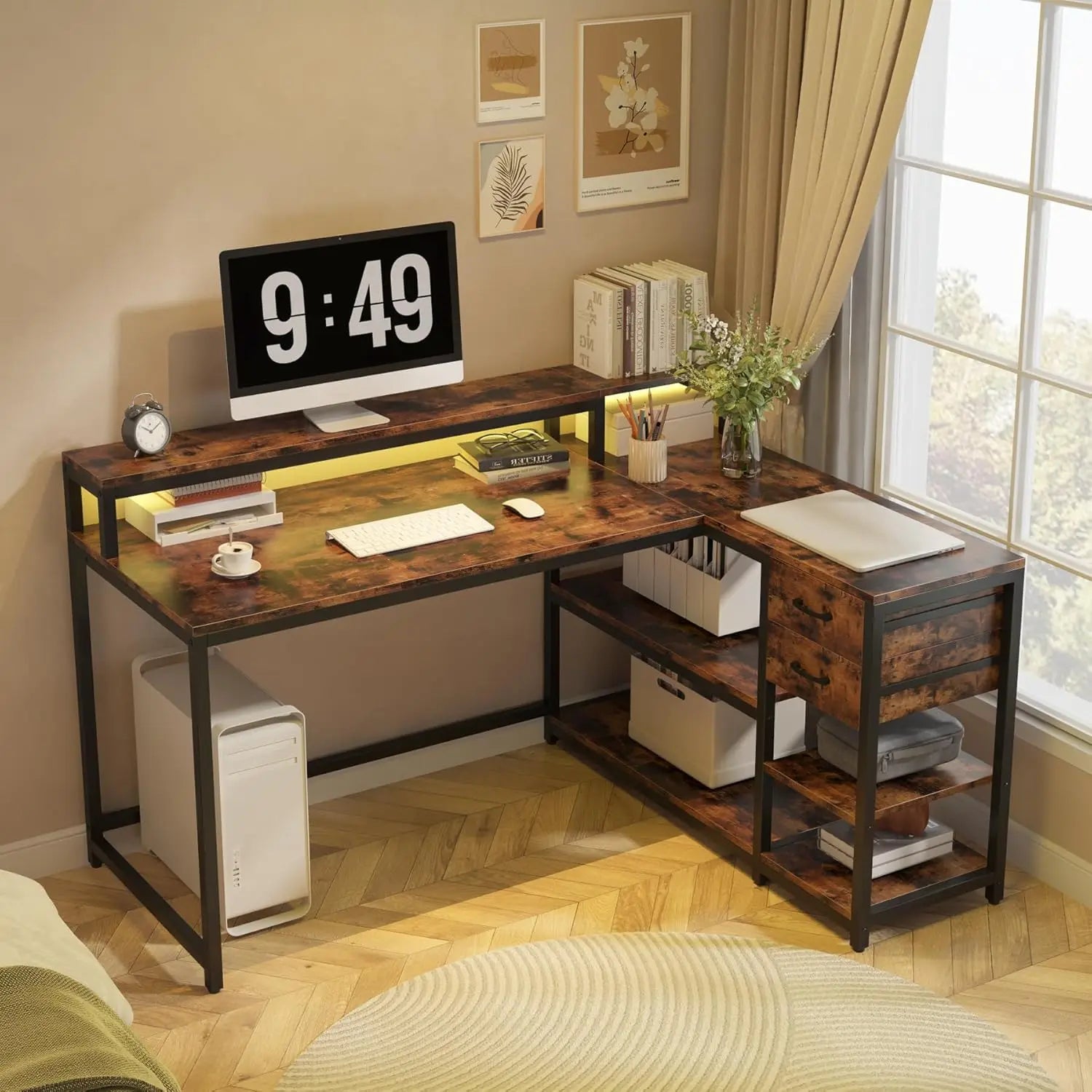 L Shaped Desk with Drawers and Storage Shelves Home Office L Corner Desk with Monitor Stand 55’’ x 24’’ Desktop