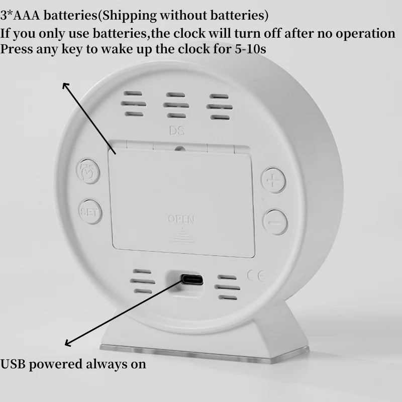 LED Digital Alarm Clock Week Date Second Hand Display Brightness Adjustable 2 Alarms Table Ambient Light 12/24H