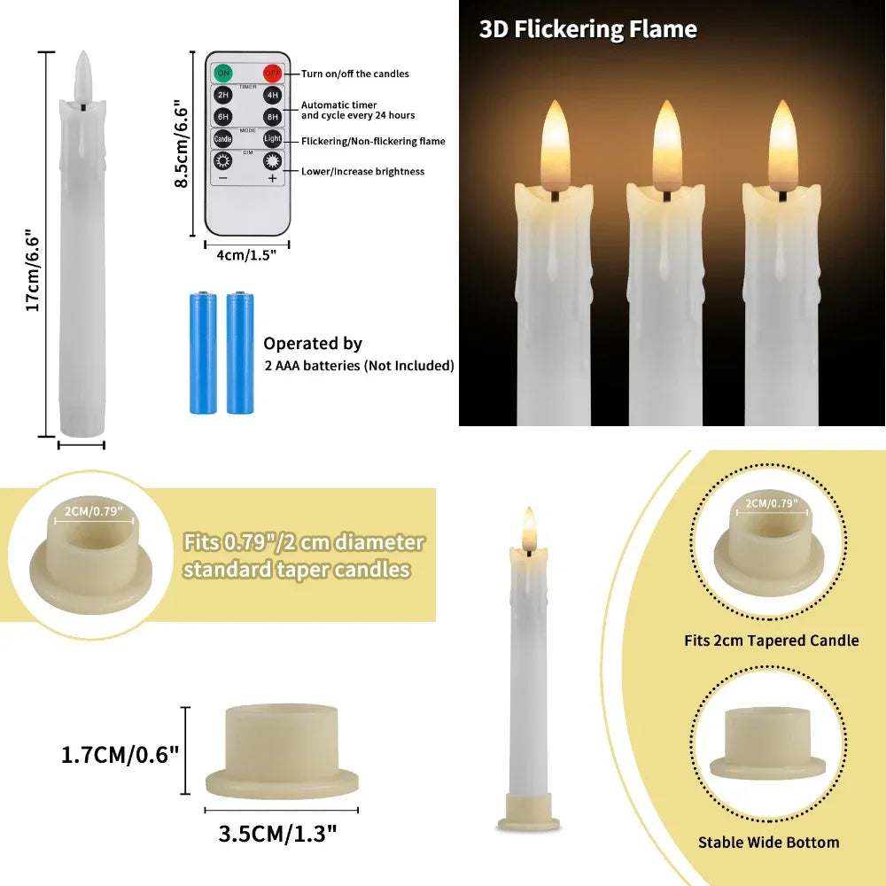 6/18/24Pc 6.6inch LED Flameless Taper Candles with Remote Flickering CandleSticks Plastic Window Candles for Halloween