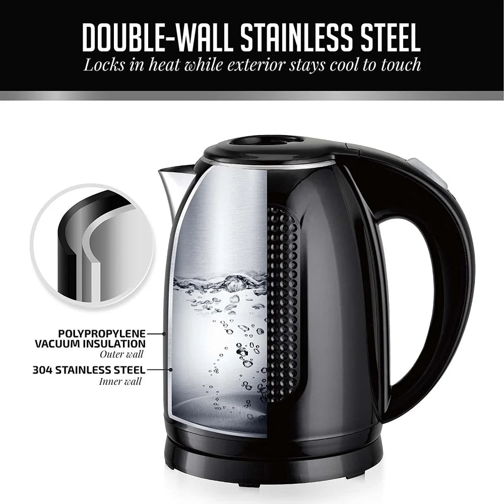 Portable Electric Kettle Stainless Steel Double Wall Insulated 1.7L Instant Hot Water Boiler 1100W Auto Shut Off Fast