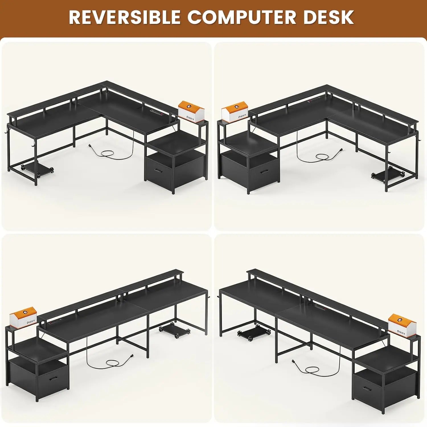 L Shaped Gaming Desk 66’’ Home Office Desk with File Drawer & Power Outlet Corner Gaming Computer Desk with Led Lights