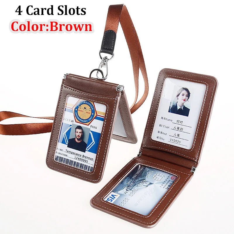 Top Grade Genuine Leather ID Badge Holder Business Cards Holders with Neck Lanyard Formal Staff Magnet Closed ID Card