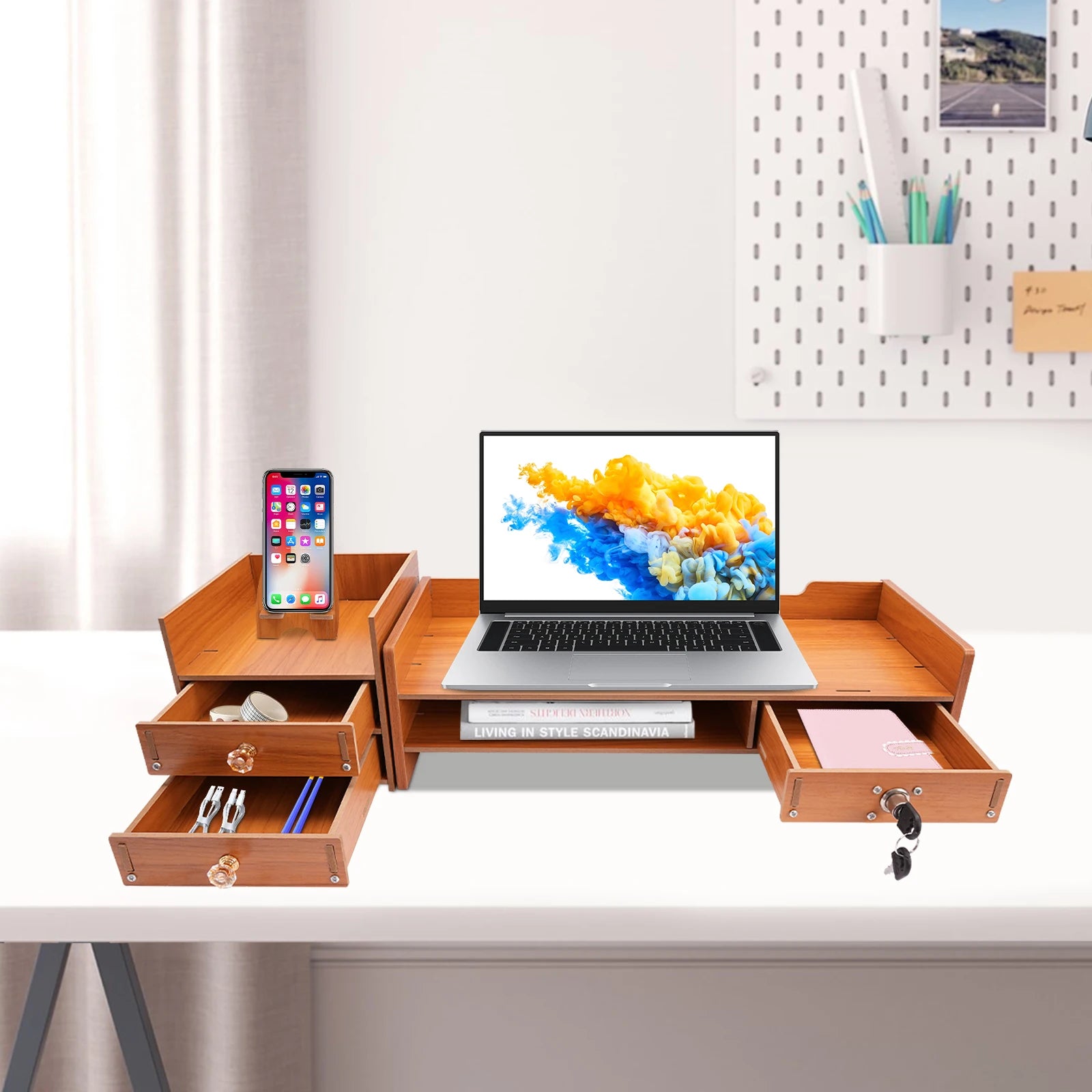 MDF Monitor Stand Riser with Lockable Drawer Computer Monitor Stand with Storage Drawer&Tablet Phone Stand for Desktop