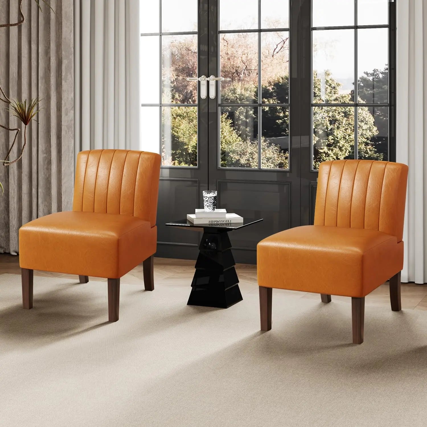 Accent Chairs Set of 2 - Modern Slipper Chairs for Living Room Solid Wood Legs Comfy Upholstered Fabric in Black