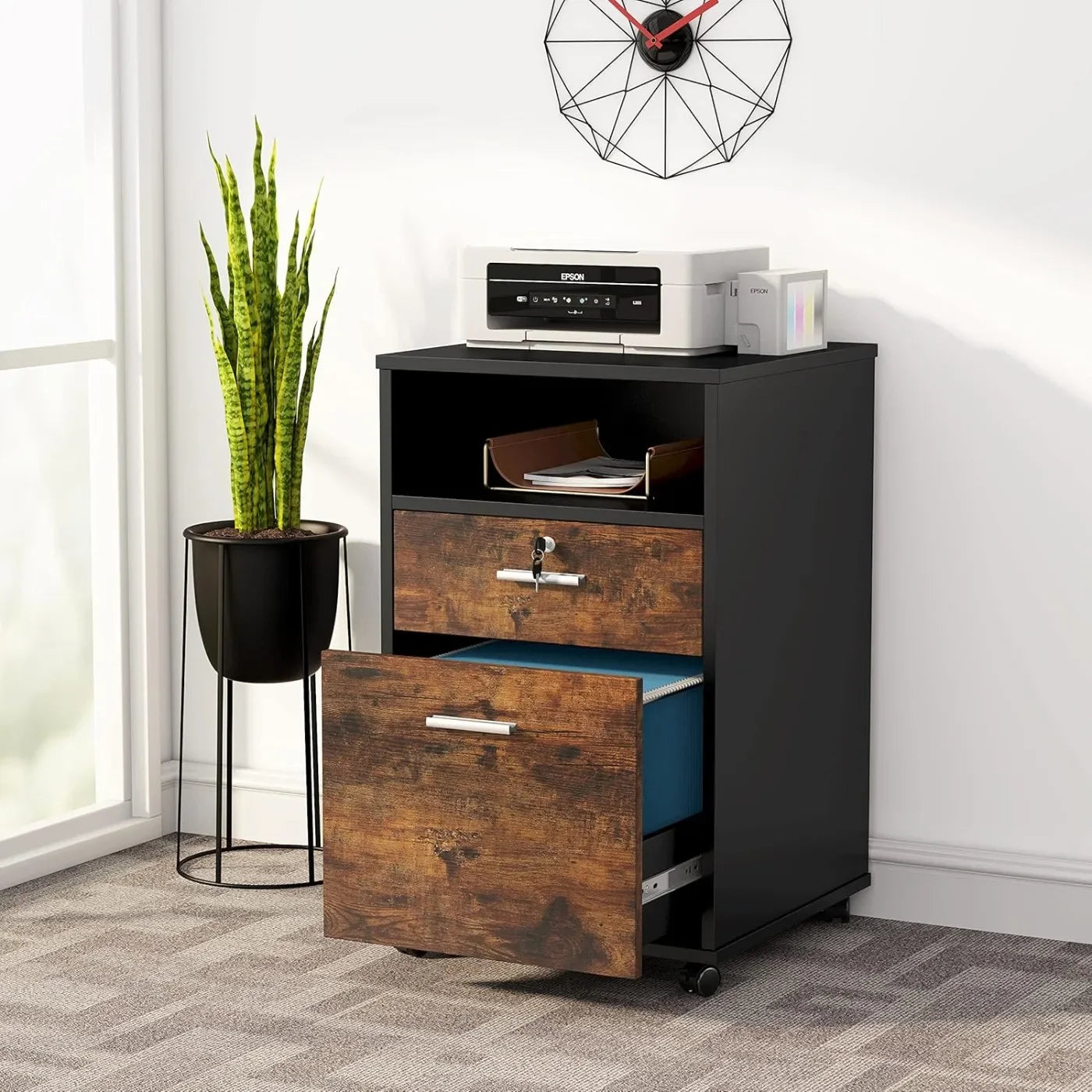 Mobile File Cabinet with Lock Modern Printer Stand with Rolling Wheels Open Storage Shelf for Home Office (Brown)