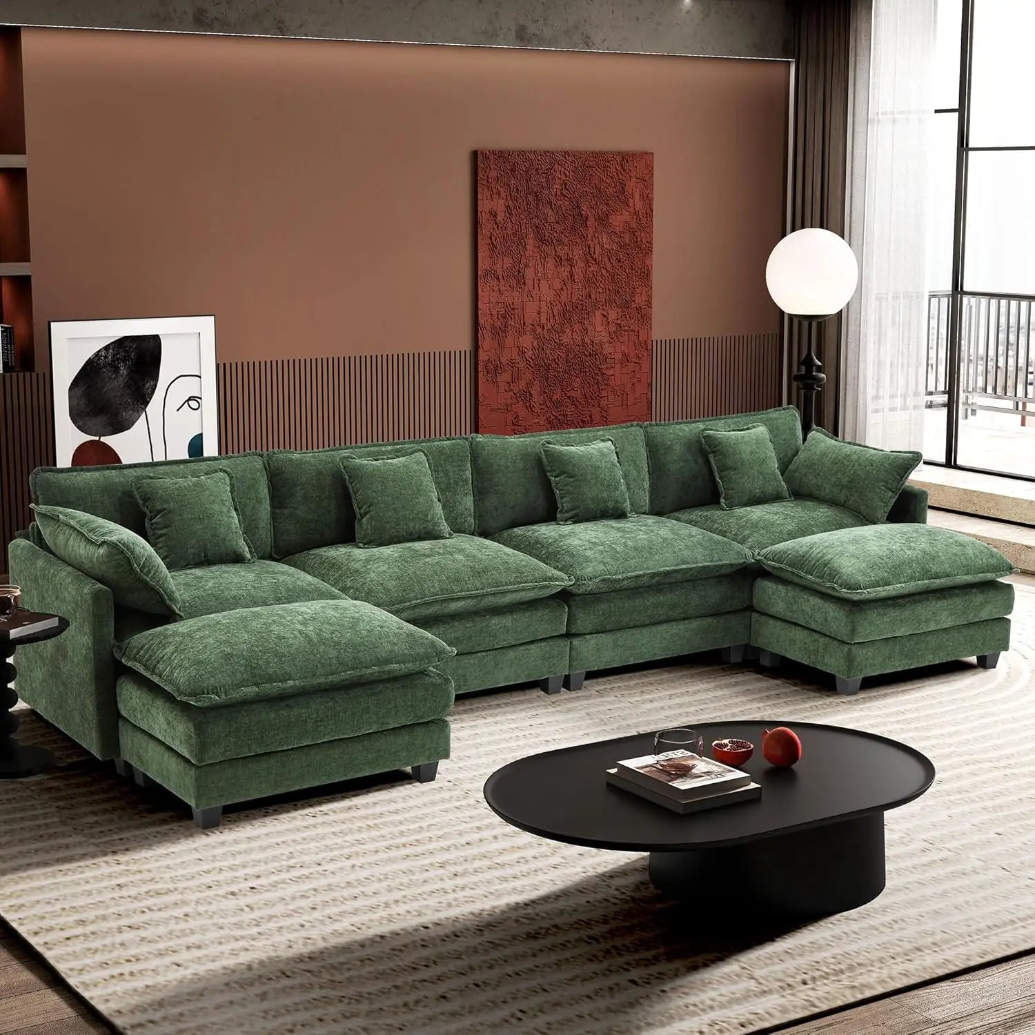 U-Shaped Modern Sofa Modular Sectional Cloud Couch with 2 Ottoman 6-Seat Chenille Deep Seat Sofa with 6 Pillows