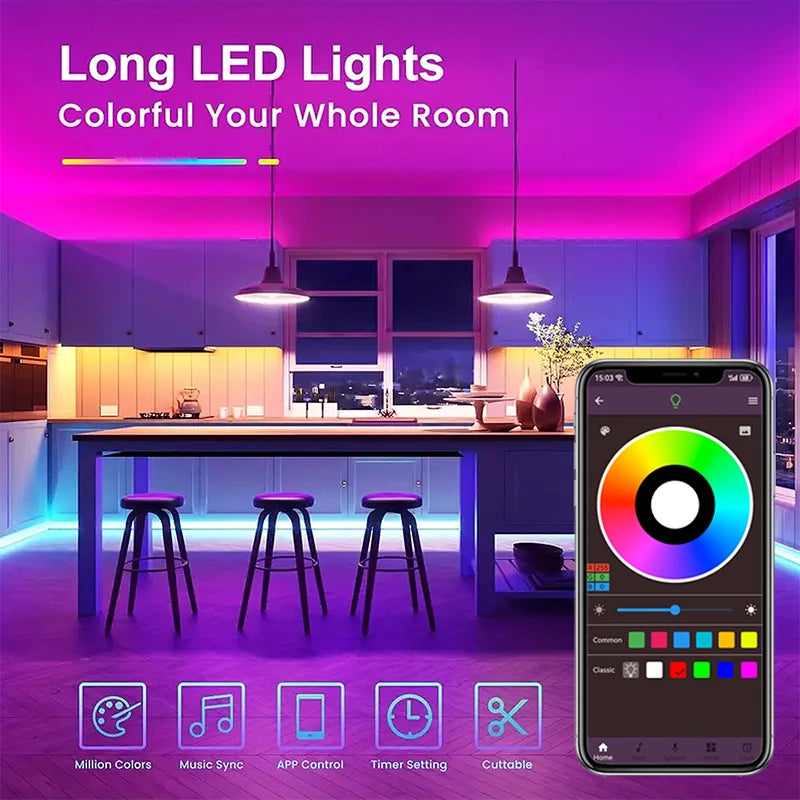 LED Strip Lights RGB 5050 LED Strips Bluetooth APP Control Color Changing DC 12V 30LEDS/M Per Meter For Bedroom Room