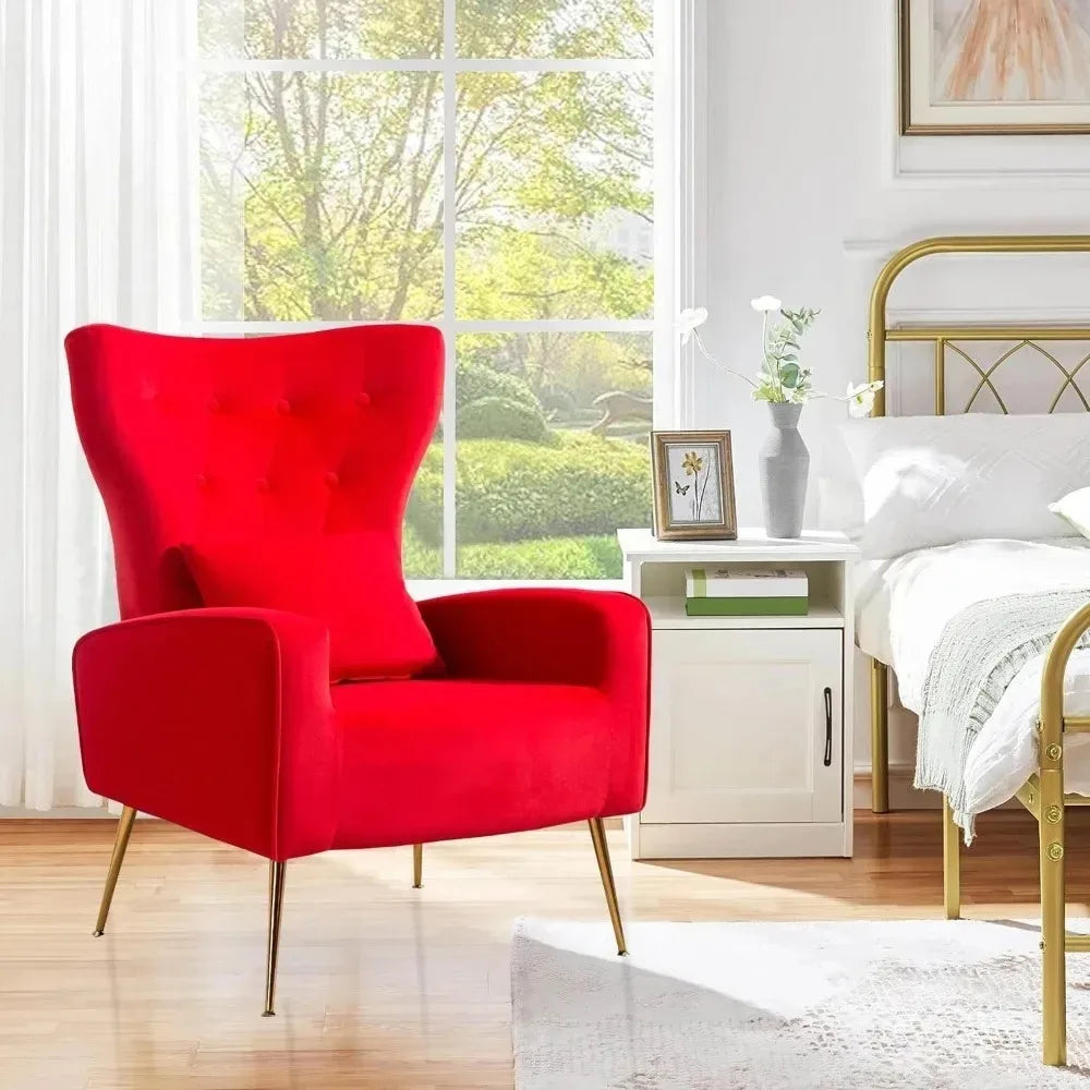 Velvet Accent Arm Chair Mid-Century Modern Living Room Chair Wingback Bedroom Side Chair with Gold Legs & Pillow