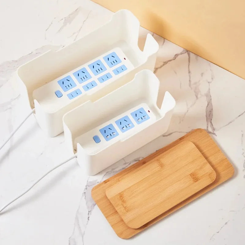 Wire Organizer Box Power Plug Board with Wooden Lid Plastic Wire Boxes Socket Data Cable Junction Box Desktop Storage