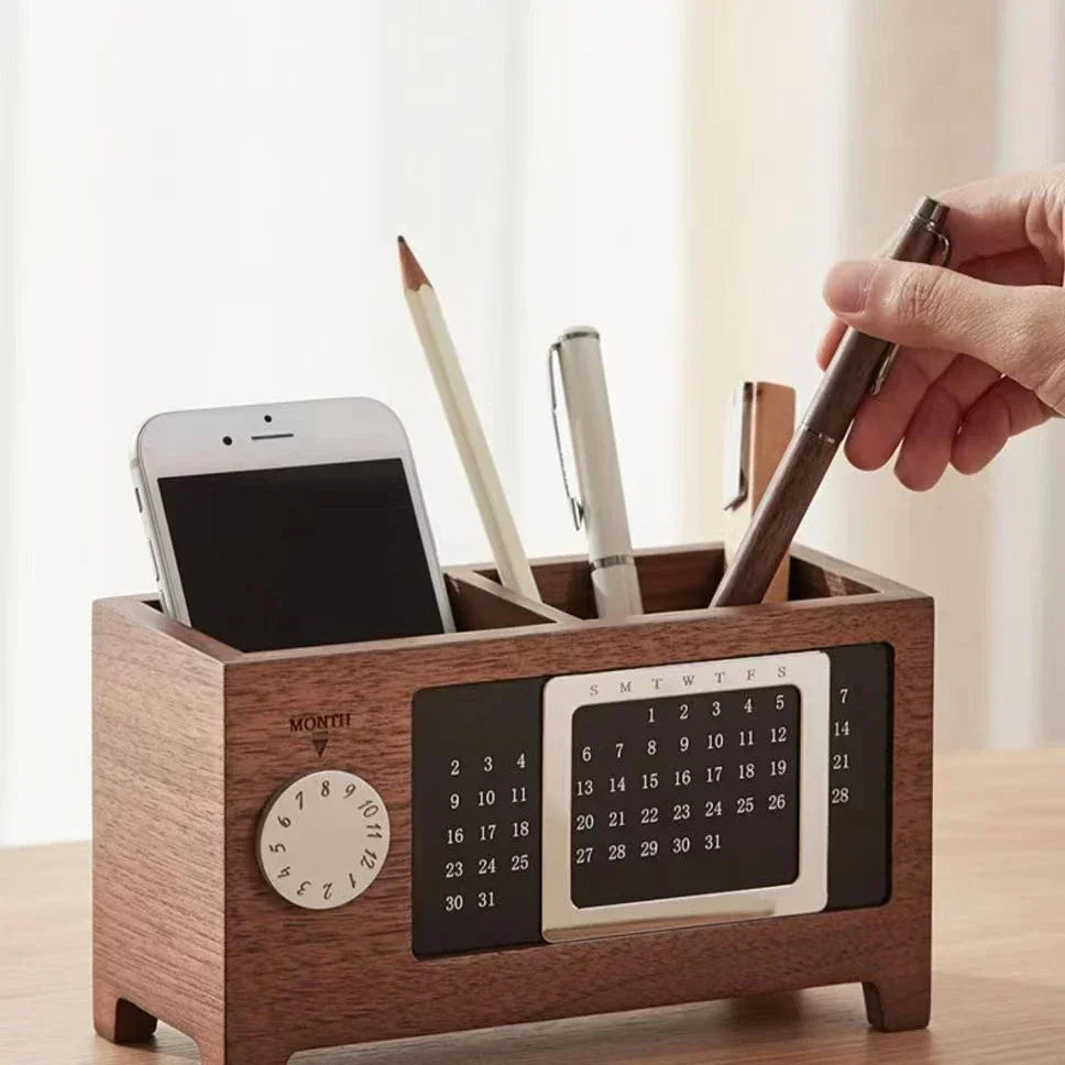 Stationery Control Wooden Multifunctional Box Organizer Holder Remote Storage Pen Pencil Desktop Calendar Creative