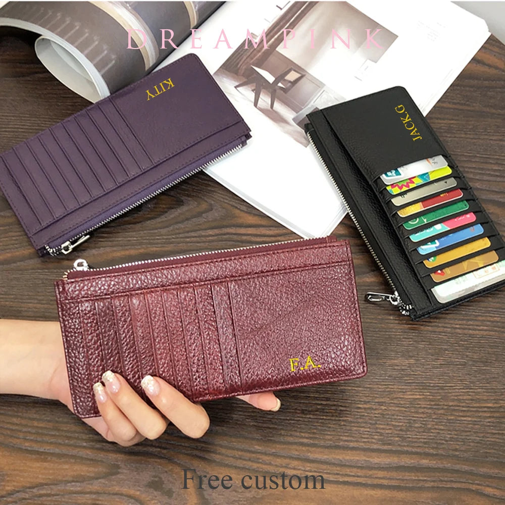 Large Capacity Long Zipper Card Holder Custom Letters Genuine Leather Men Credit Card Wallet Business Women Phone