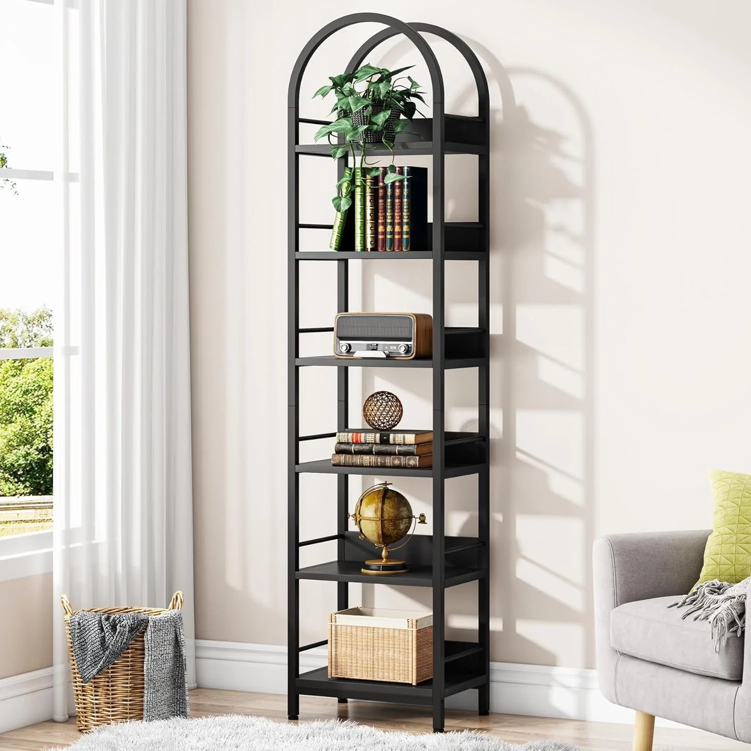 78.7’’ Tall Arched Bookcase 6-Tier Open Bookshelf Industrial Bookcase for Living Room Study Bedroom Black