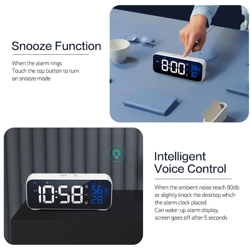 Digital Alarm Clock Table Electronic Clock with Temperature Humidity Weekday & Dual Alarms Ringtones Rechargeable