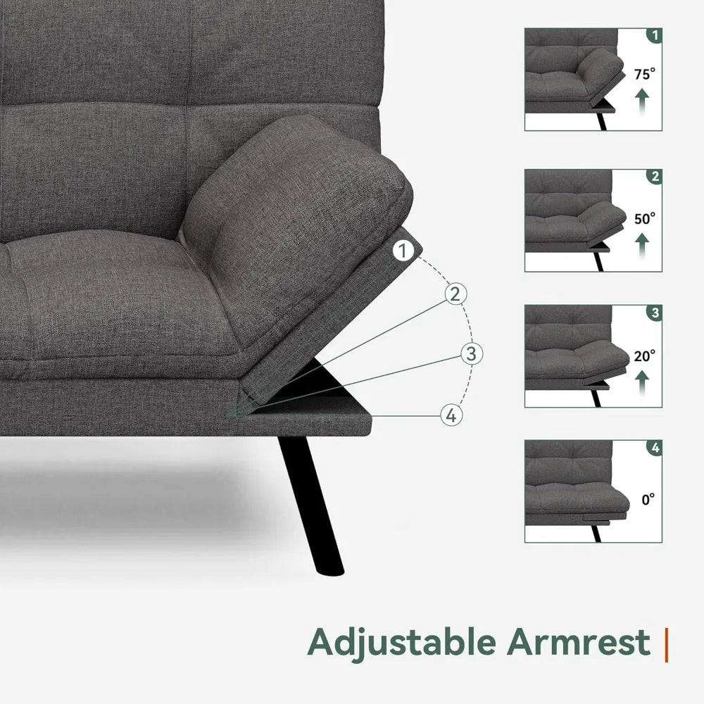 Convertible Futon Sofa Bed,71’’ Memory Foam Futon Couch,Detachable Cushion,Adjustable Backrest & Armrest,Linen Modern