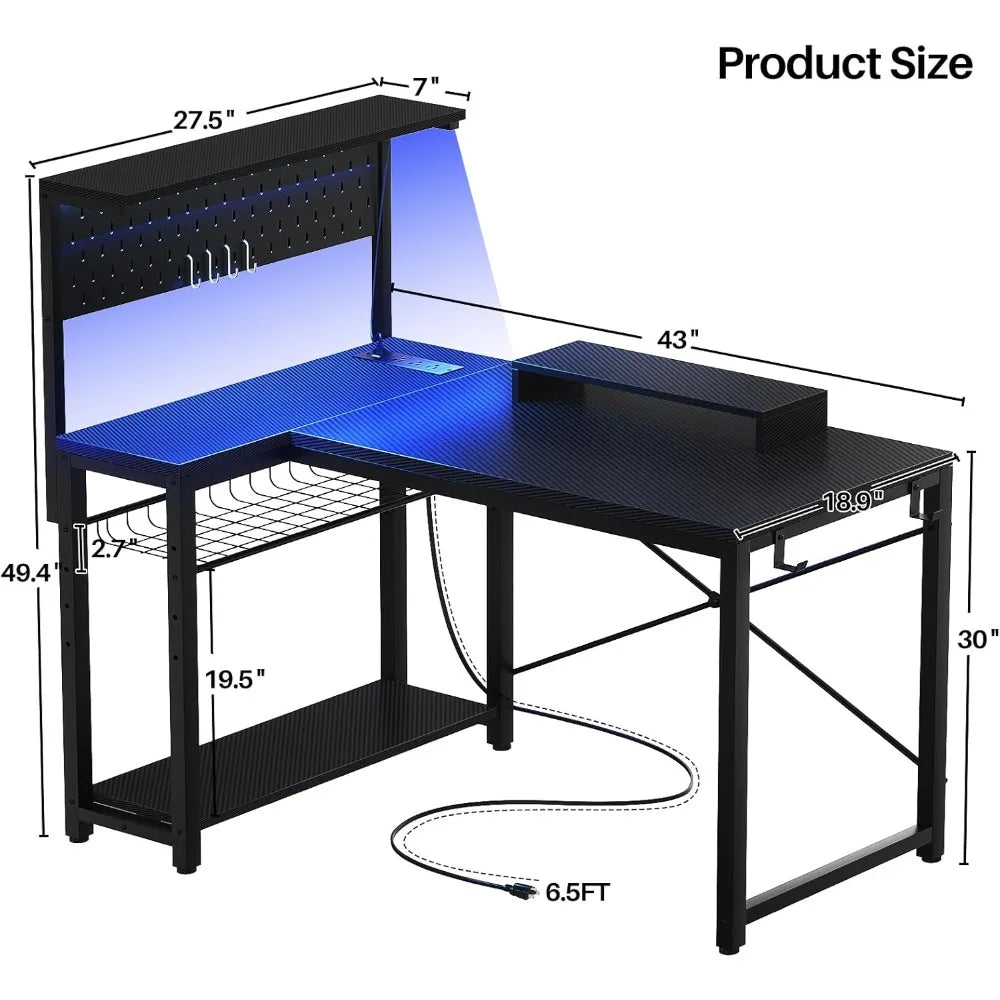 Compact Gaming Desk with Integrated Power Outlets LED Lighting and Storage for 43 Inch L-Shaped Computer Setup - United