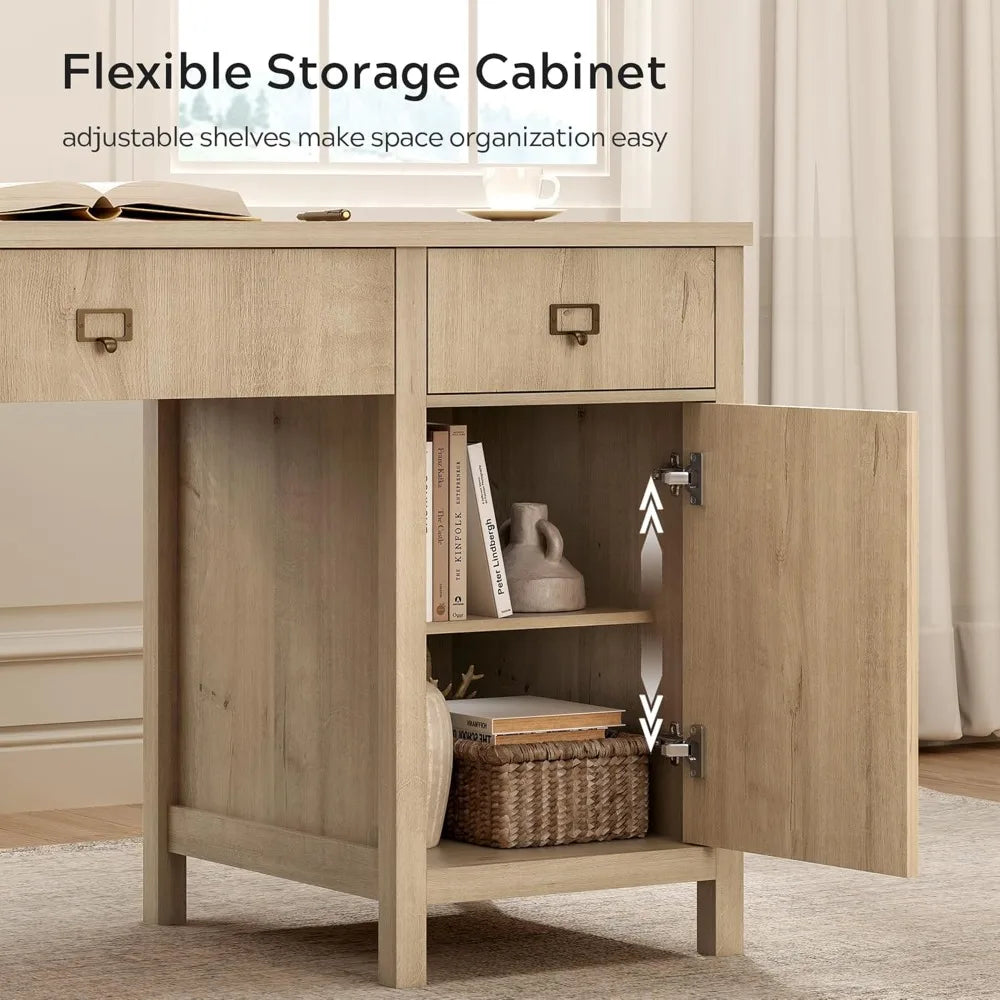 Modern Executive Desk with File Drawers Cabinet 59’’ Computer Desk with Charging Station Office Workstation w/ Keyboard