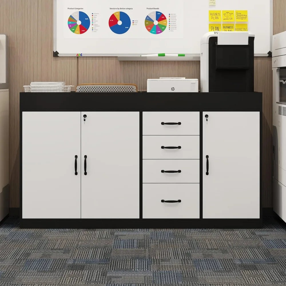 63’’ W Lateral File Cabinet with Lock Adjustable Shelves Top Compartment 4 Drawers & 3 Doors Wooden Filing Organization