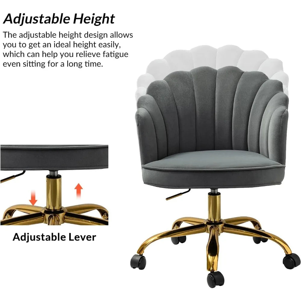 Velvet Home Office Desk Chair Modern Upholstered Swivel Computer Task Chair with Shell Back & Gold Base Height Adj