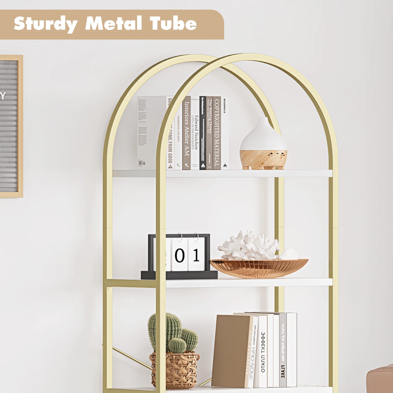 5 Tier Bookshelf Arched Display Shelves Tall Standing Bookshelves Metal Frame Modern Storage Rack Shelf Large Wooden