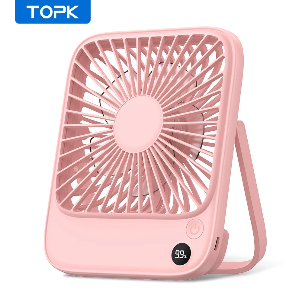 TOPK Rechargeable Portable Fan Electric Mini fan for Camping,2000mah Battery USB Desk Fan Small Silent Table Fans