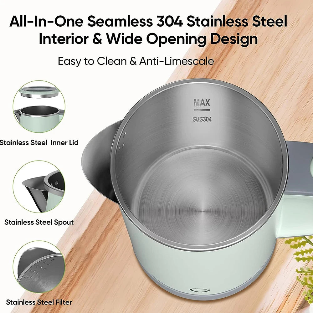 110V/220V Electric Kettle 0.8L Portable Travel Kettle Stainless Steel Liner With Auto Shut-Off 600W 5Mins Fast Boil