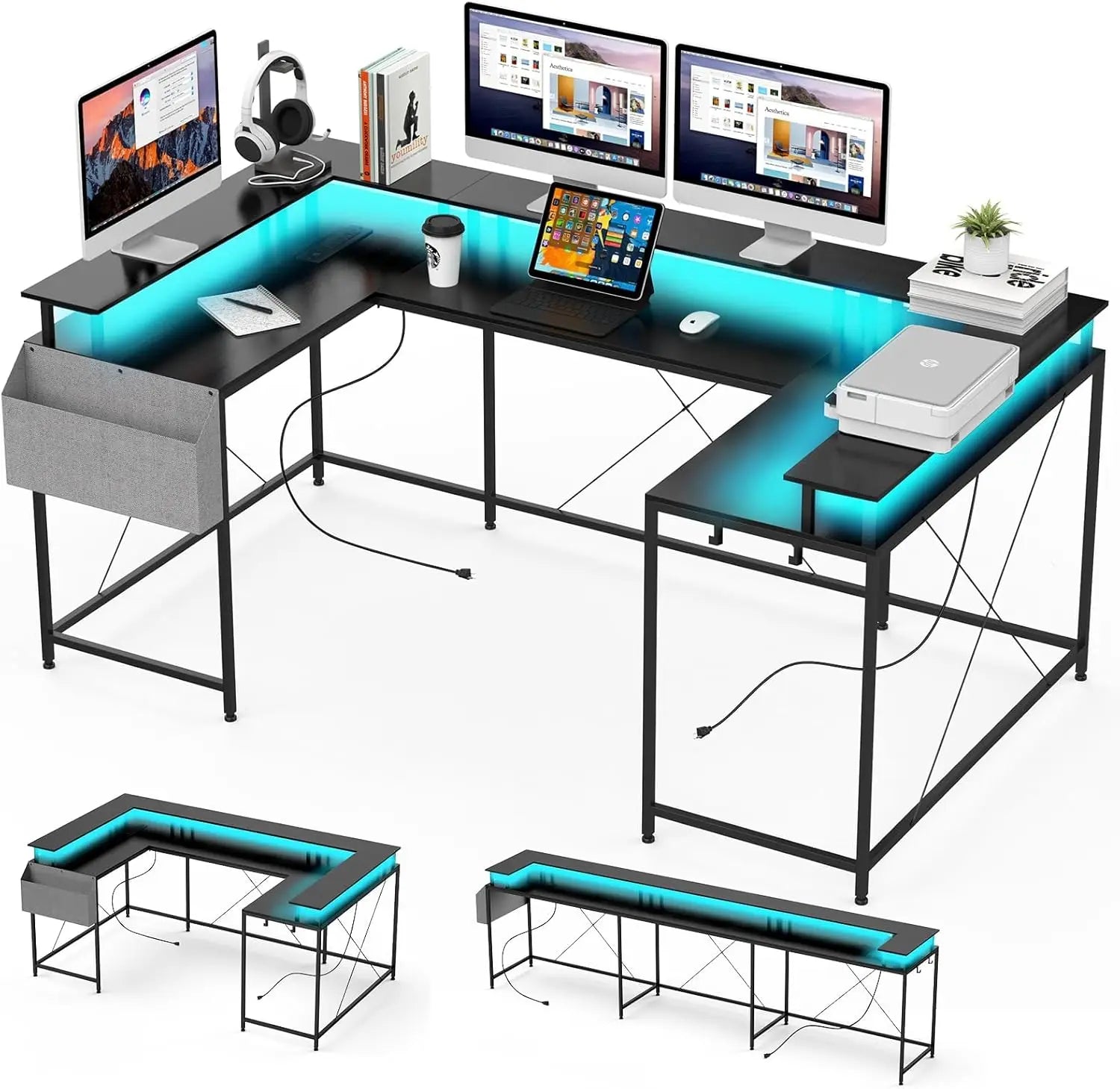 U/L Shaped Desk Reversible Computer Gaming Desk with Power Outlet & LED Light Large Corner Table with Monitor Stand &