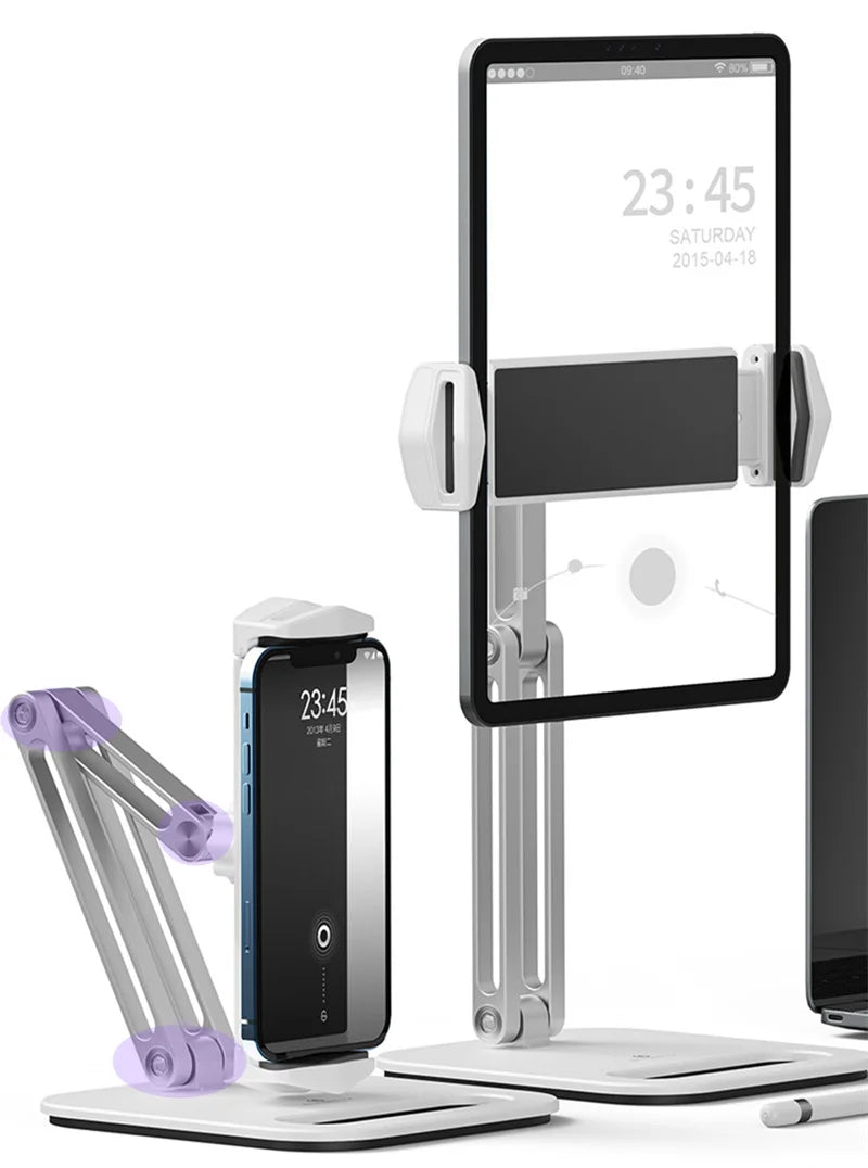 Long Arm Aluminum Alloy Tablet Stand Adjustable Folding iPad Stand Ergonomic 360°Rotatable Tablet and Phone Clamp Mount