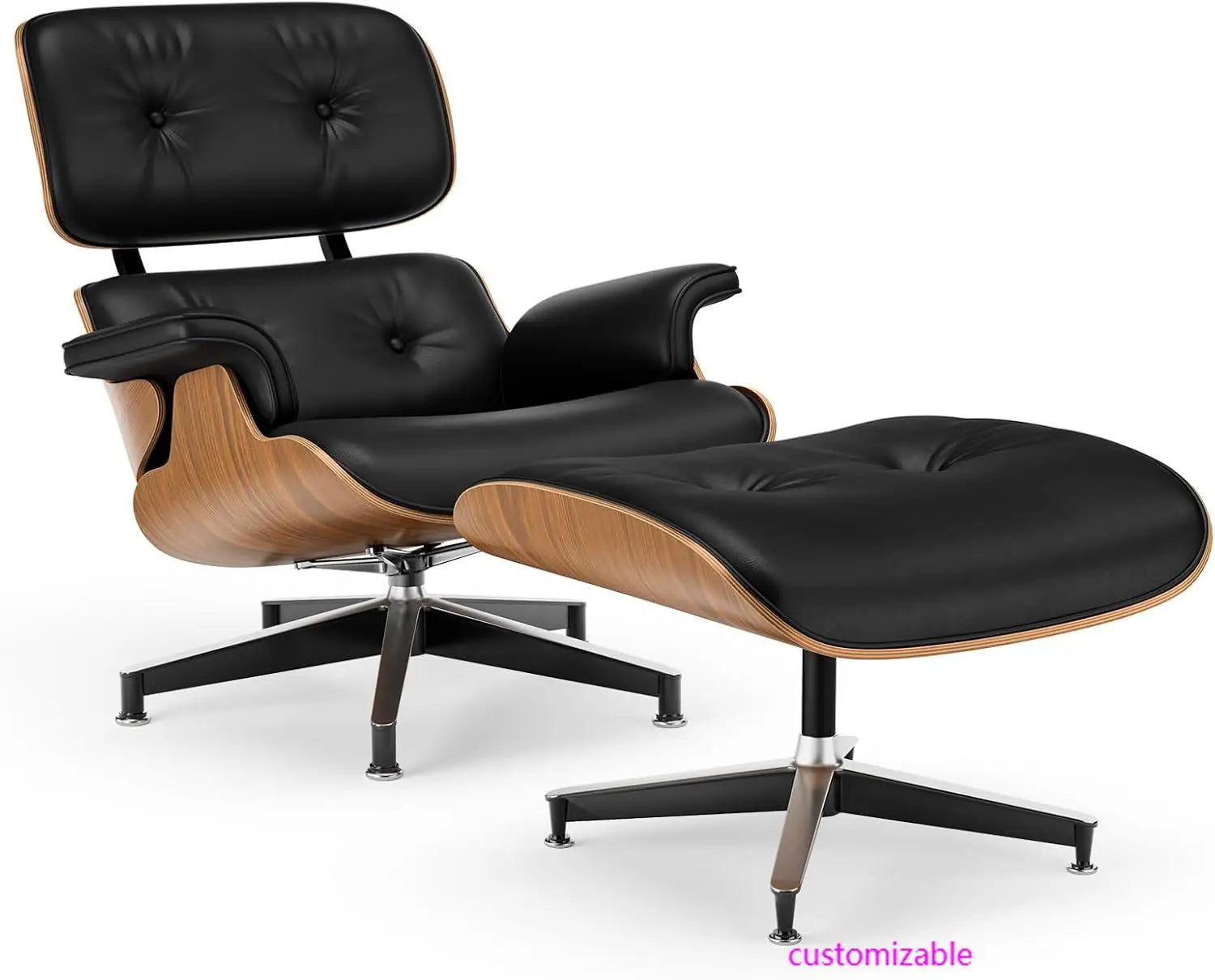 Top Black PU Leather Mid Century Chaise Lounge Chair and Ottoman Modern Chair Classic Design Walnut Wood - United States