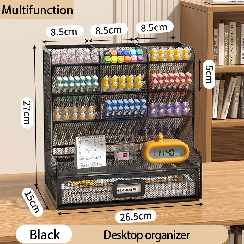 Desk Organizer Mesh Desktop Office Supplies Pen Holder Stationery Holder with 9 Compartments and 1 Drawer for Office
