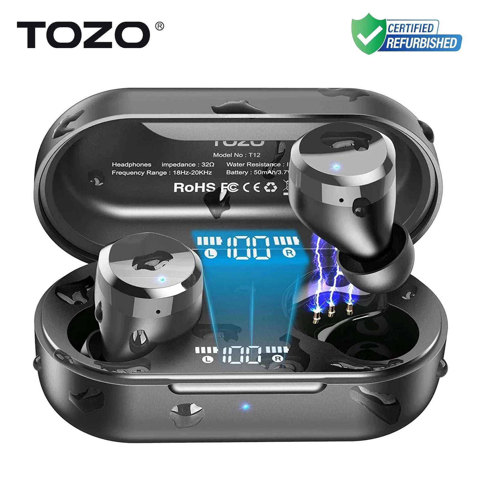 Refurbished TOZO T12 True Wireless Earbuds LED Display Bluetooth Headsets In Ear 10mm Driver Deep Bass HiFi Sound