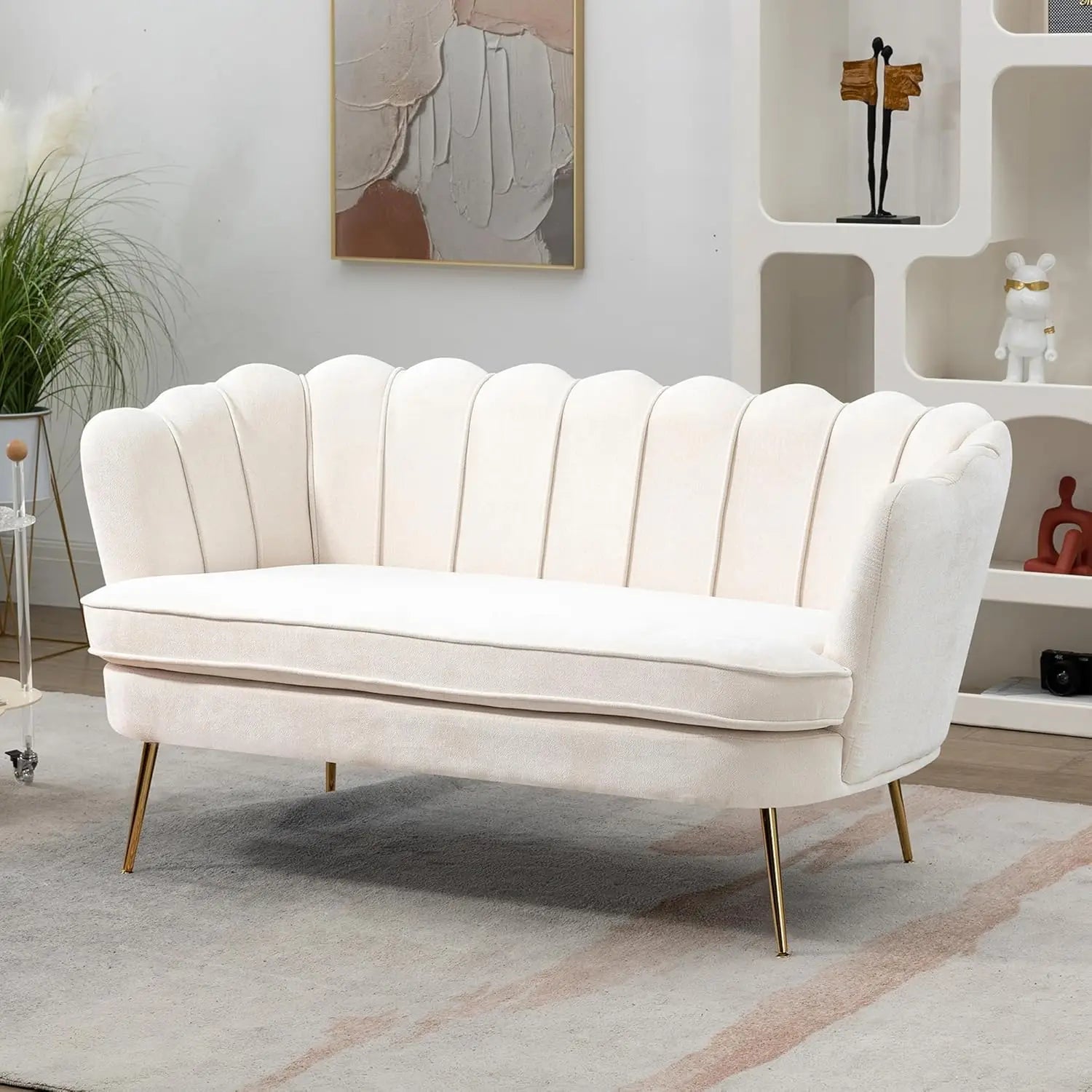 59” Small Modern Chenille Loveseat Sofa 2-Seater Sofa with Gold Metal Legs Small Couch with Flower Shaped Back