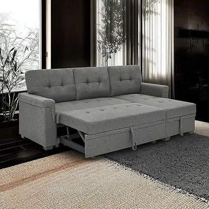 Gray Modern L-Shaped Sectional Sofa with Reversible Chaise Storage and Pull-Out Sleeper Bed for Living Rooms