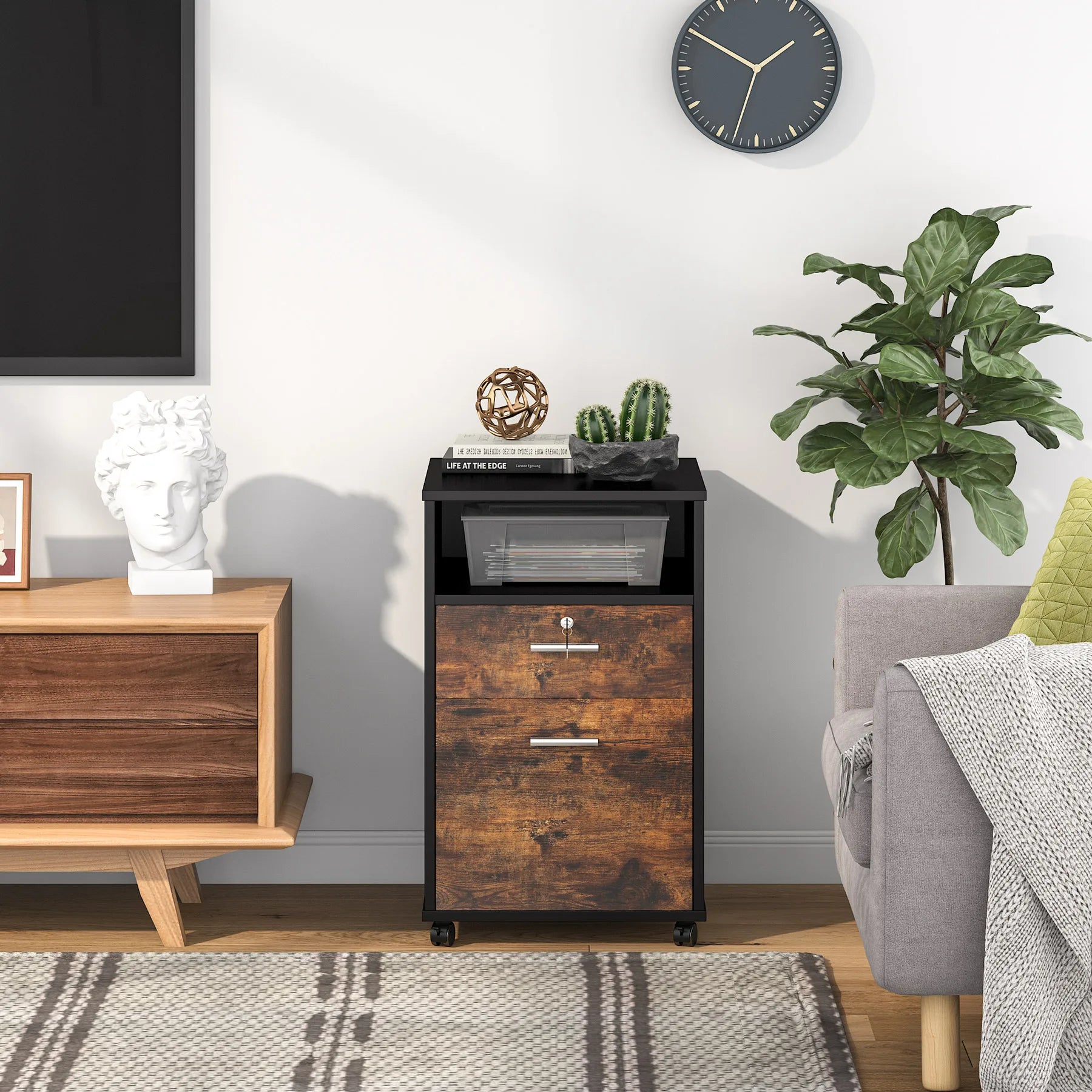 Tribesigns 2 Drawer Mobile File Cabinet with Lock Wood Filing Cabinet Printer Stand with Wheels and Storage Shelf