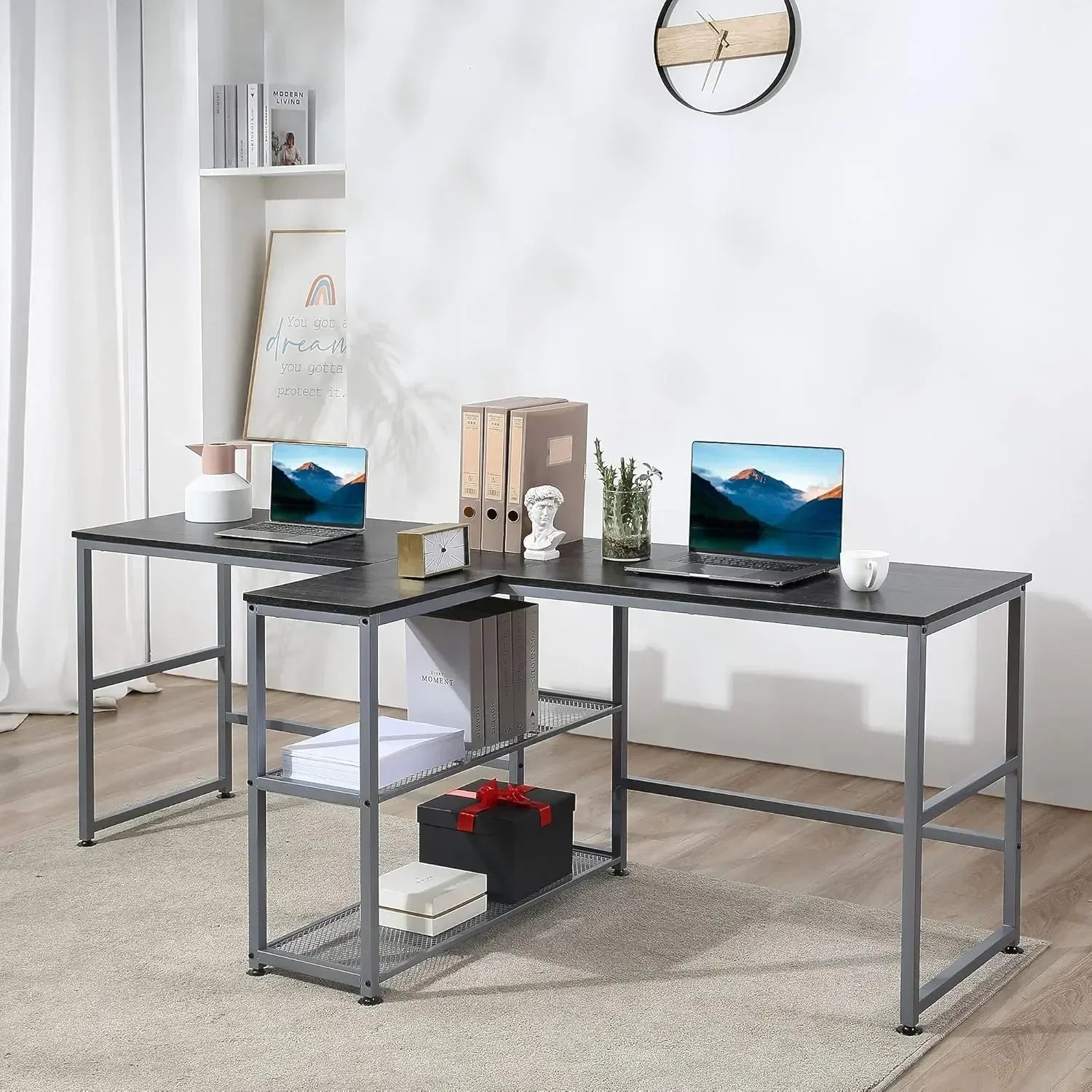 83’’’ Two Person Computer Desk With 2 Storage Shelves Double Desk Workstation With Book Shelf Long Desk Table For Home