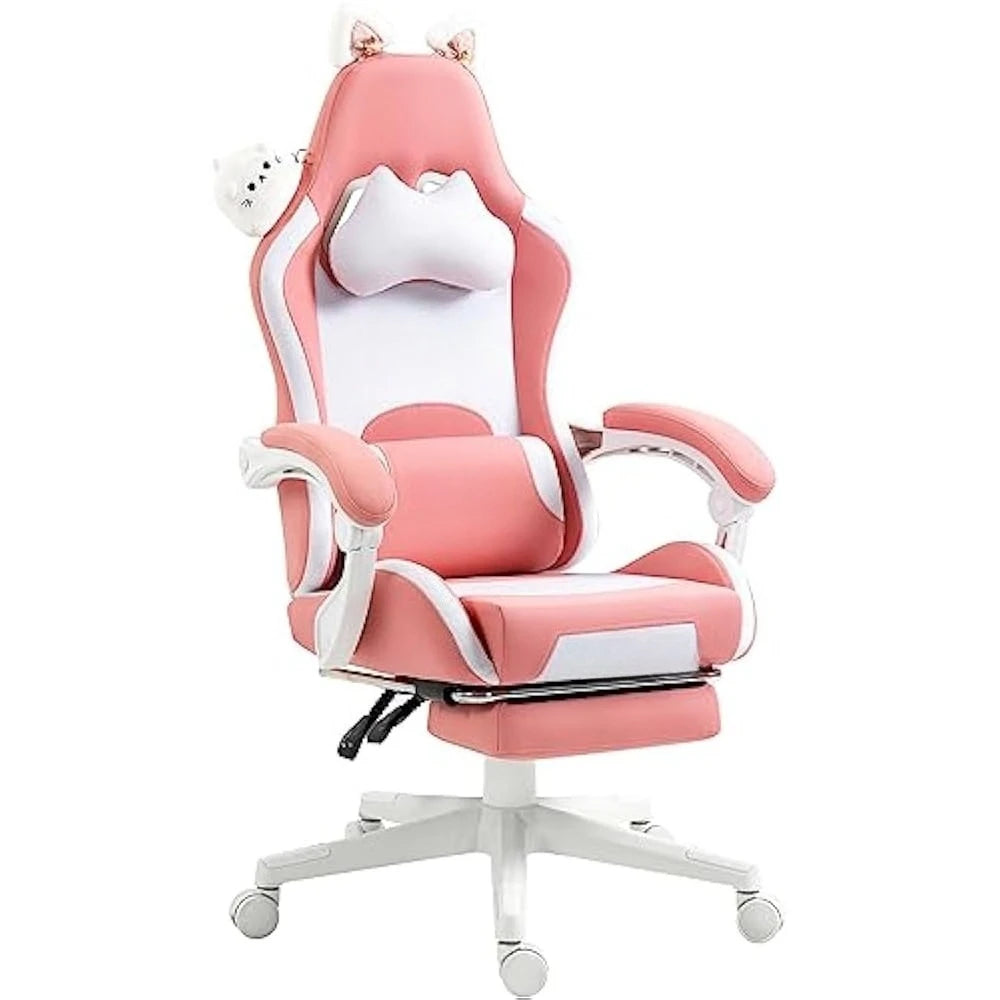 Gaming Chair Cute w/Cat Ears and Massage Lumbar Support 290lbs Ergonomic Computer Chair for Girl with Footrest