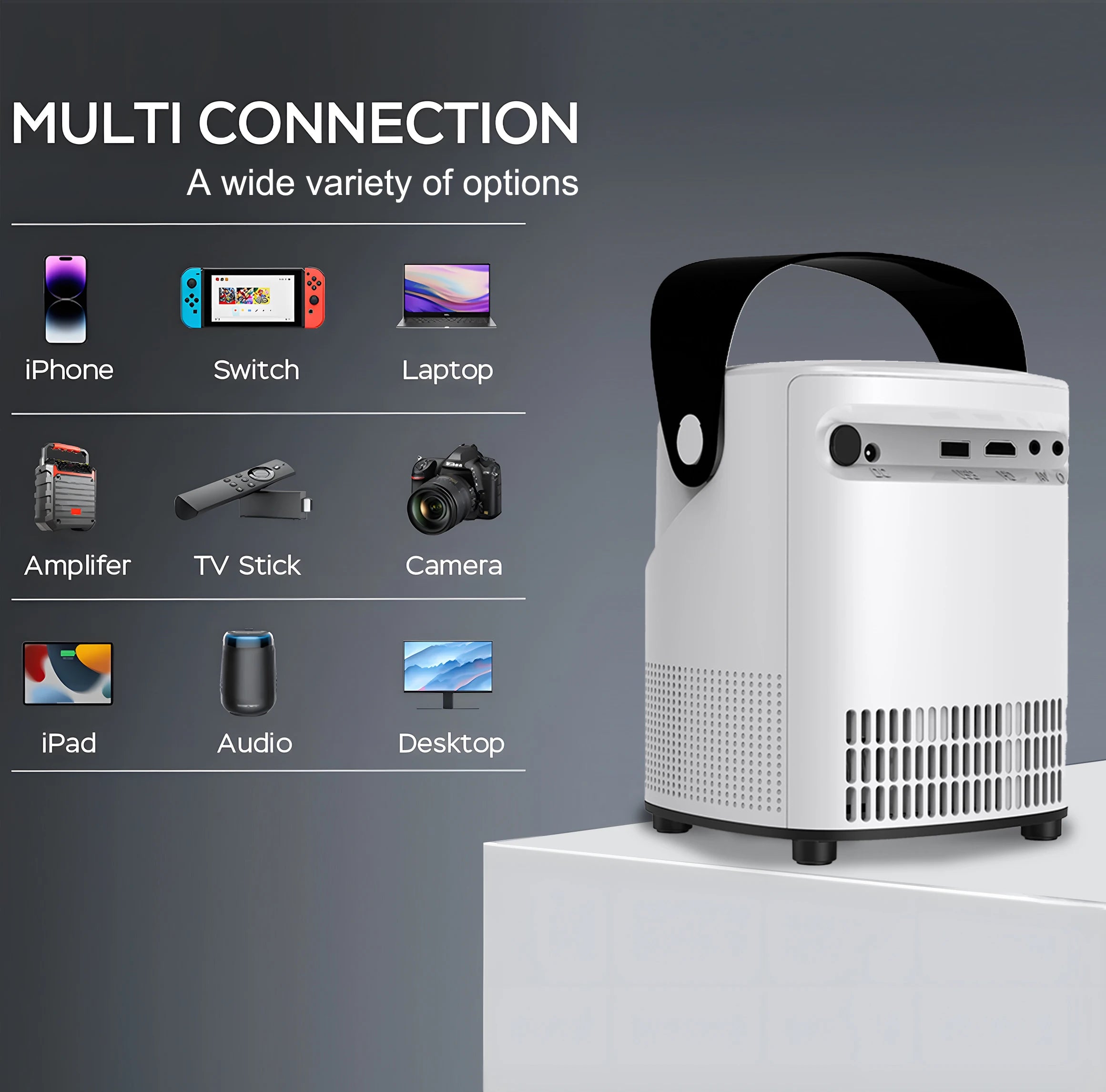 Projector with WiFi and Bluetooth Native 1080p Support 4K 12000 Lumens Portable Integrated Folding Handheld bracket