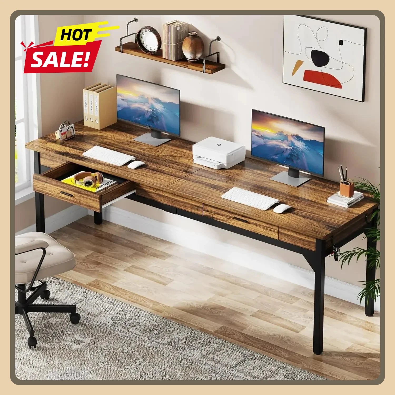 78.7’’ Extra Long Computer Desk [2 Drawers] Two Person Desk Large Writing Table Study Desk [Double Desk] Executive