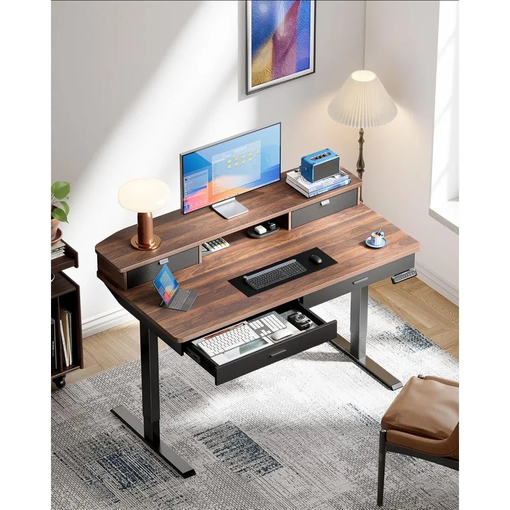 55 x 30 inch Electric Standing Desk with Wood Drawers Adjustable Height Sit Stand Home Office Desk with Two Tiers Walnut